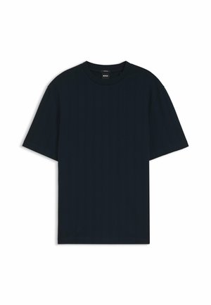 T-shirt noir à manches courtes avec col rond et ourlet droit, présenté à plat avec une étiquette indiquant la marque "BOSS" à l'intérieur du col.