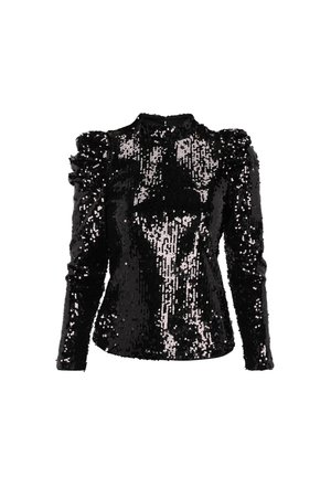 Fekete flitteres blúz hosszú ujjaival, magas nyakkal és vállrész ráncokkal. Fényvisszaverő textúrájú, csillogó felülettel és testhez simuló siluettel.
