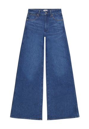 Μπλε τζιν παντελόνια με φαρδύ πατρόν, ψηλή μέση, κλείσιμο με κουμπί και φερμουάρ, τσέπες μπροστά και πίσω, και εμφανείς ραφές.