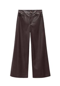 Brown faux leather wide-leg trousers with a high waist, featuring front pockets and a classic button closure. Smooth texture and matte finish.