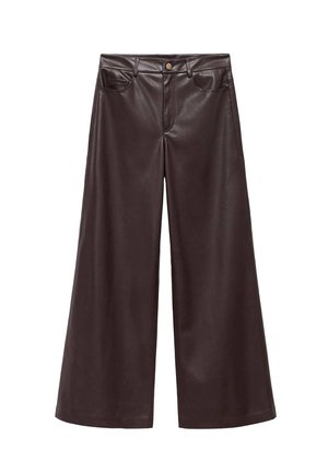 Brown faux leather wide-leg trousers with a high waist, featuring front pockets and a classic button closure. Smooth texture and matte finish.