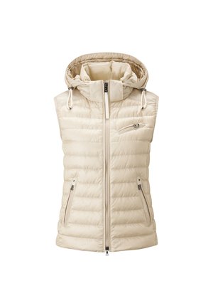 Gilet rembourré beige avec capuche, fermeture éclair sur le devant et poches latérales. Il présente une texture matelassée et des cordons de serrage ajustables sur la capuche.