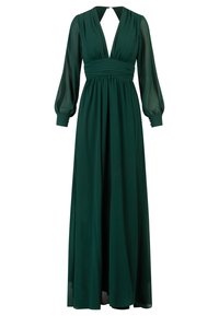 Langes grünes Kleid aus glattem Stoff, mit tiefem V-Ausschnitt, gerafftem Tailleneinsatz und durchsichtigen Puffärmeln mit eng anliegenden Bündchen.