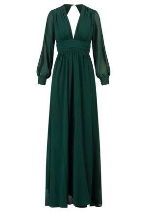 Lungo vestito verde realizzato in tessuto morbido, con scollatura a V profonda, vita arricciata e maniche a sbuffo trasparenti con polsini aderenti.