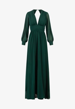 Long green dress made of smooth fabric, featuring a deep V-neck, gathered waist, and sheer puff sleeves with fitted cuffs.