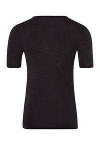 Czarny t-shirt z krótkim rękawem wykonany z miękkiej tkaniny, z okrągłym dekoltem, o gładkiej teksturze i dopasowanym kroju. Prosty design.