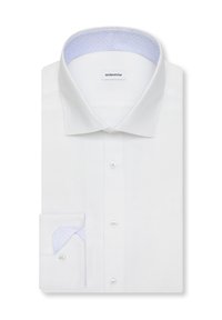 Chemise blanche pour homme avec col large et doublure contrastante bleu clair à motifs visible à l'intérieur du col et des poignets. Boutons sur le devant et aux poignets.
