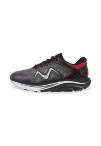 Black and gray athletic shoe with a wave pattern, red accents, and a cushioned sole. Features laces and a padded collar for comfort.