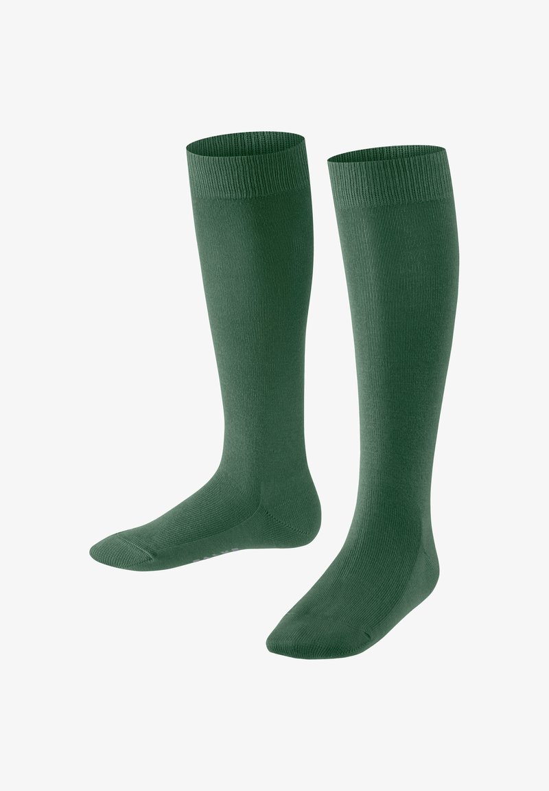 Calzini alti fino al ginocchio di colore verde scuro, realizzati in un materiale a coste, con una texture liscia e una punta rinforzata per una maggiore resistenza.