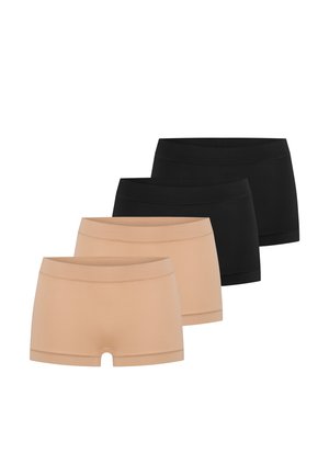 Dwie pary bezszwowej bielizny typu boyshort w kolorze beżowym oraz dwie pary w kolorze czarnym, ułożone naprzemiennie na białym tle.