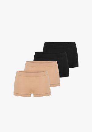 Deux paires de sous-vêtements boyshorts sans couture, deux beiges et deux noires, disposées en rangée décalée sur fond blanc.