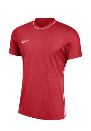 Rotes Sport-T-Shirt mit kurzen Ärmeln, weißem Nike-Swoosh auf der Brust und weißen Paspeln am Kragen und den Seitennähten.