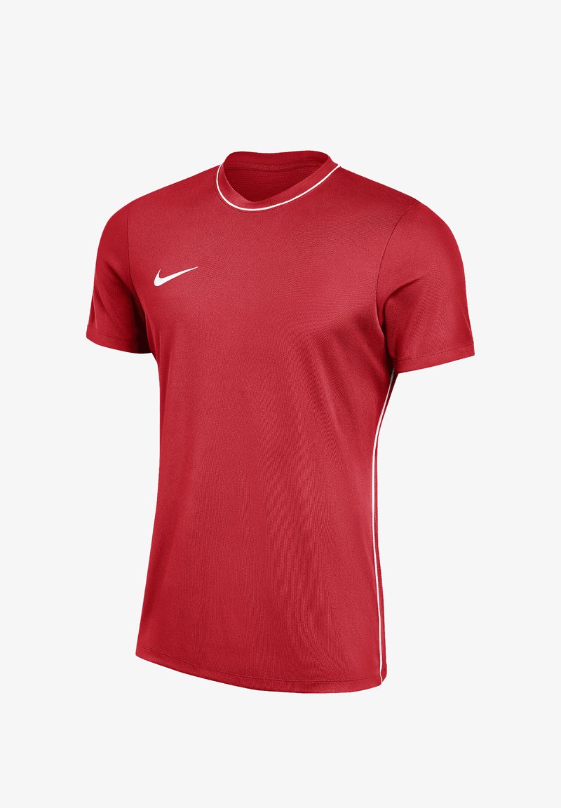 T-shirt de sport rouge à manches courtes avec le logo blanc Nike Swoosh sur la poitrine et un liseré blanc le long du col et des coutures latérales.
