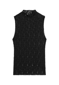 Top en dentelle noire sans manches avec un col montant, présentant un délicat motif floral et une silhouette ajustée.