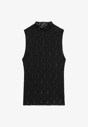 Schwarzes ärmelloses Spitzenoberteil mit hohem Ausschnitt, das ein zartes Blumenmuster und eine taillierte Silhouette aufweist.