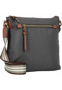 Sac bandoulière en nylon gris avec des accents en cuir marron, poche zippée dorée et une sangle en tissu rayé. Design compact avec une texture lisse.