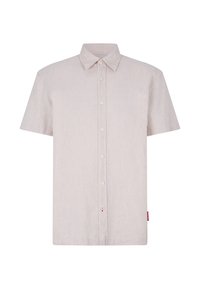 Camicia a maniche corte in lino beige chiaro, design con bottoni sul davanti, colletto a punta, texture sottile e piccolo accento rosso all'orlo.