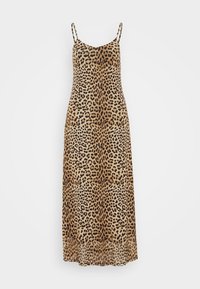 Leopardmönstrad maxiklänning, spaghetti-remmar, lättviktsmaterial, rundad halsringning, flödande silhuett, jordnära toner med mörka fläckar.