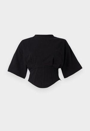 Sort cropped top lavet af blødt stof, med en tætsiddende talje, vide ærmer og en mock halsudskæring med synlige sømdetaljer.