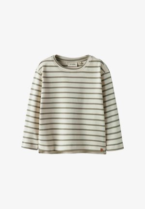 Light beige long-sleeve shirt with alternating thin dark stripes. Soft fabric, rounded neckline, and side slits with a small logo tag.
