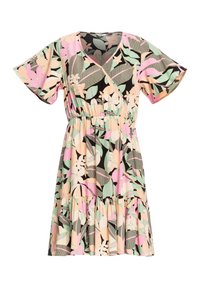 Robe à imprimé floral avec un fond noir, présentant des feuilles pastel roses, vert menthe et beige. Col en V, manches courtes et ourlet à volants en étages.
