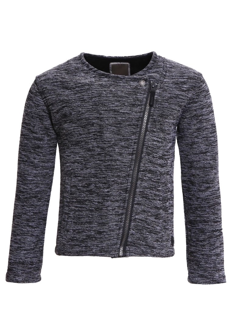 Czarna i szara zapinana na zamek kurtka wykonana z teksturowanej tkaniny, z ukośnym zamkiem z przodu i długimi rękawami.