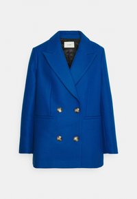 Cappotto blu doppiopetto realizzato in misto lana, con grandi bottoni dorati, rever a incasso e due tasche laterali. Finitura testurizzata.