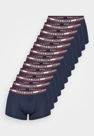 Pack de dix boxers bleu marine avec une ceinture élastique rouge et blanche portant l'inscription "JACK & JONES" en noir. Tissu lisse, design ajusté.