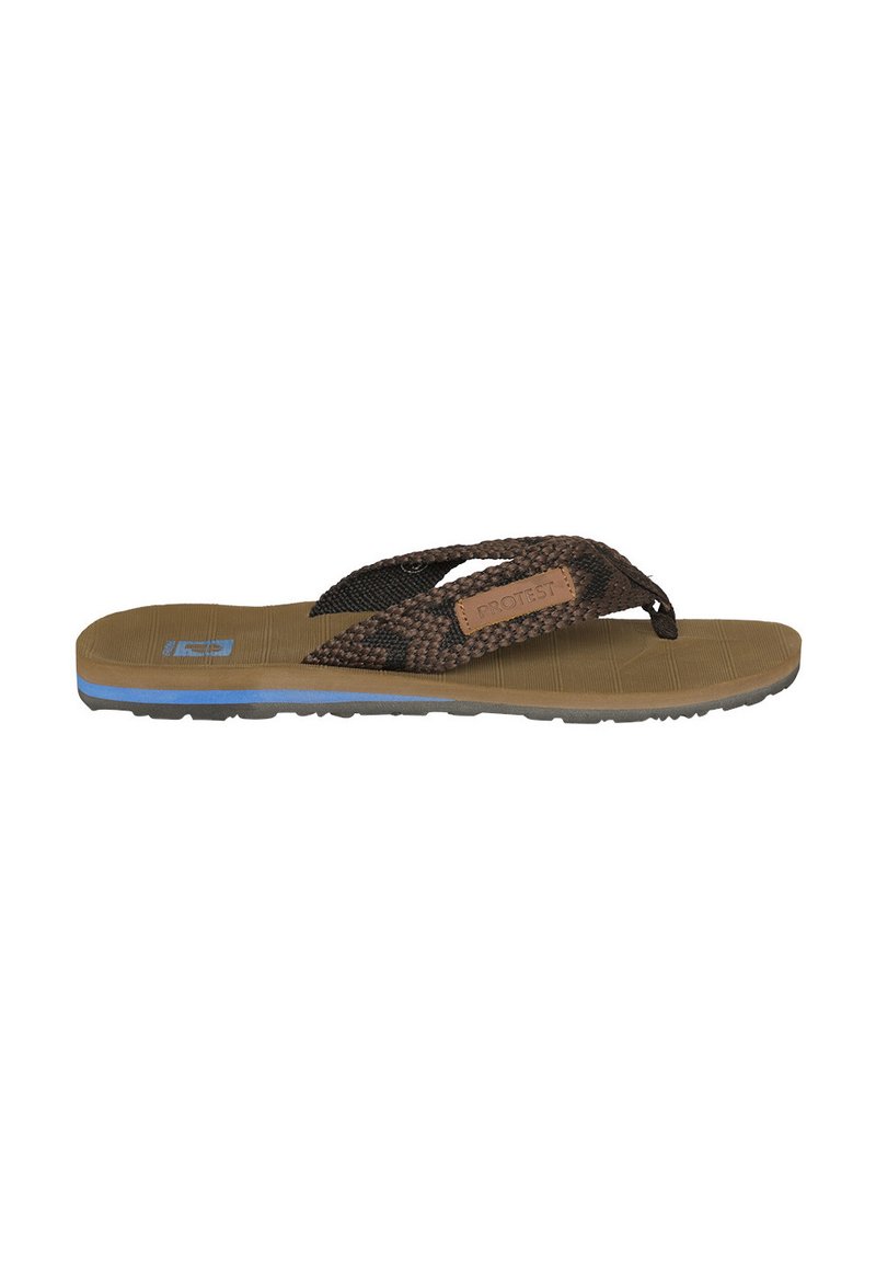 Ruskea flip-flop, jossa on teksturoitu hihna ja kestävä pohja, jossa on sininen korostus. Jalkapohjassa on lineaarinen kuvio, joka tarjoaa pitolujuutta.