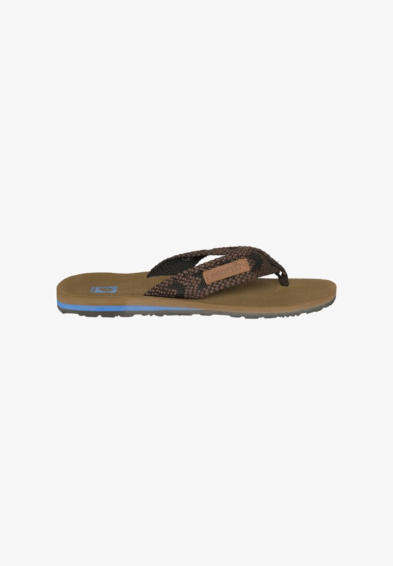 Brun flip-flop med en texturerad rem och en hållbar sula med en blå accent. Fotbädden har ett linjärt mönster för grepp.