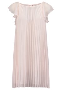 Robe plissée rose clair avec manches courtes à volants et encolure ronde avec petite fermeture bouton œillet dans le dos.
