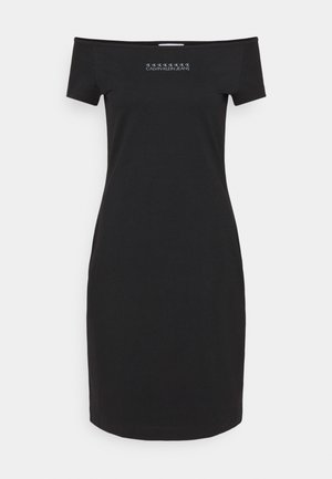 Black off-shoulder short-sleeve dress with straight cut and "Calvin Klein Jeans" logo in white at the chest center.