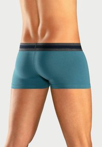 Boxer briefs color teal con una cintura elastica grigia e navy, caratterizzati da una texture liscia e un design aderente. La vista posteriore mostra la lunghezza della gamba e la vestibilità.