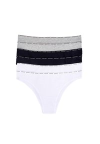 Katoenen slipjes in vier kleuren: wit, grijs, zwart, marineblauw. Ze hebben een gladde textuur en een contrasterende tailleband met het merkimago.