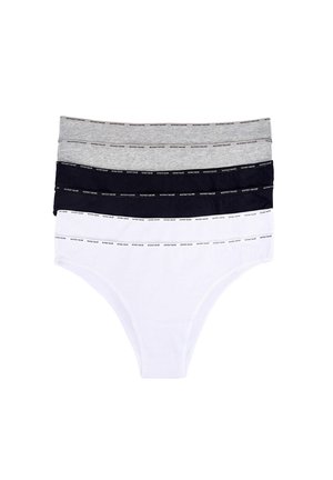 Slip di cotone disponibili in quattro colori: bianco, grigio, nero e blu navy, con una texture liscia e una parte elastica a contrasto con il logo del brand.