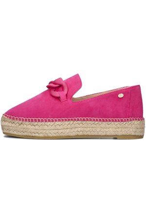 Pink suede espadrille with a braided jute sole, featuring a bow accent on the toe and a small logo detail on the side.