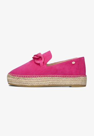 Pink suede espadrille with a braided jute sole, featuring a bow accent on the toe and a small logo detail on the side.