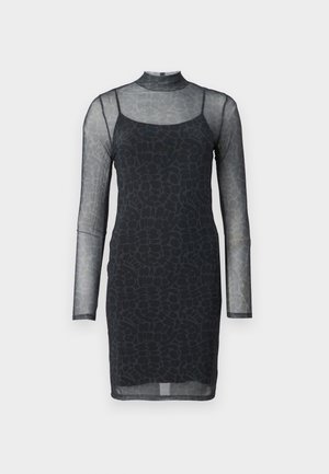Black dress with long sheer sleeves and high neck. Features a fitted silhouette and an abstract textured pattern integrated into the fabric.