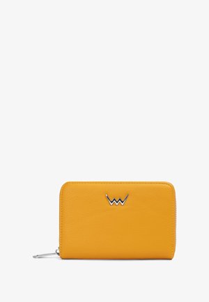 Yellow leather wallet with a smooth texture, featuring a silver logo accent and a zip closure. Rectangular shape, minimal design.
