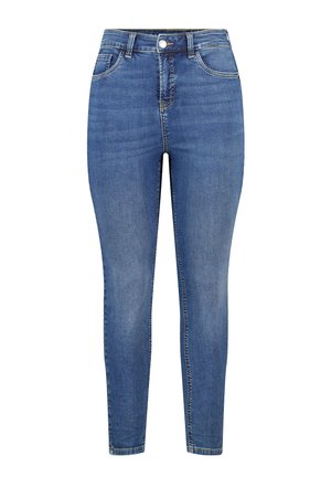 Jean skinny en denim délavé moyen, avec taille haute, poches avant et arrière, et fermeture éclair avec un bouton.