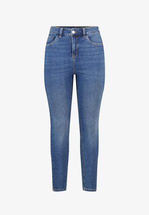 Skinny jeans van medium-wash denim, met een hoge taille, voor- en achterzakken, en een ritssluiting met een enkele knoop.