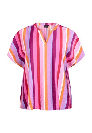 Short-sleeve, V-neck top featuring bold stripes in shades of pink, purple, orange, and lavender. Made of lightweight, textured fabric.