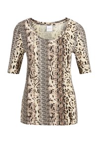 Korte mouwen dames top met gemengde dierenprint patronen in beige, bruin en zwarte tinten, met een ronde halslijn en een aansluitende pasvorm.