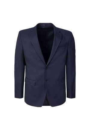 Marineblauer einreihiger Blazer mit Kerbkragen, zwei Knöpfen und Pattentaschen auf beiden Seiten.