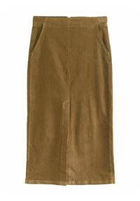 Hnědá kordovská sukně s bočními kapsami, délka po kolena, s centrálním švem a hladkou texturou. Jednoduchý, rovný design.