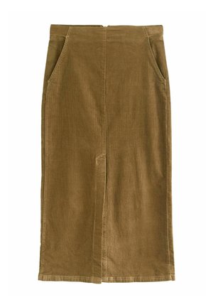 Brauner Cord-Rock mit Seitentaschen, knielang, mit einer mittleren Naht und glatter Textur. Einfaches, gerades Design.