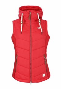 Red padded vest with a hood, featuring a front zipper, two side pockets, and white drawstrings. Textured, quilted pattern with logo detail.