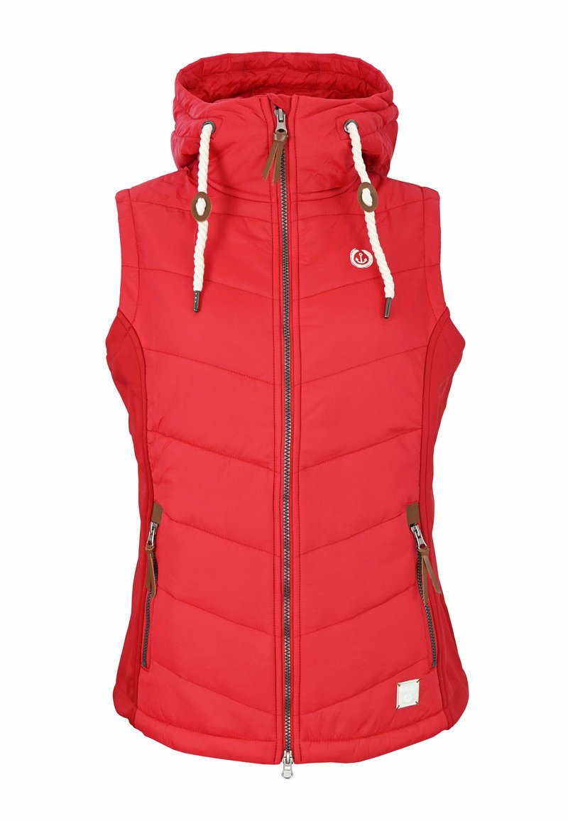 Red padded vest with a hood, featuring a front zipper, two side pockets, and white drawstrings. Textured, quilted pattern with logo detail.