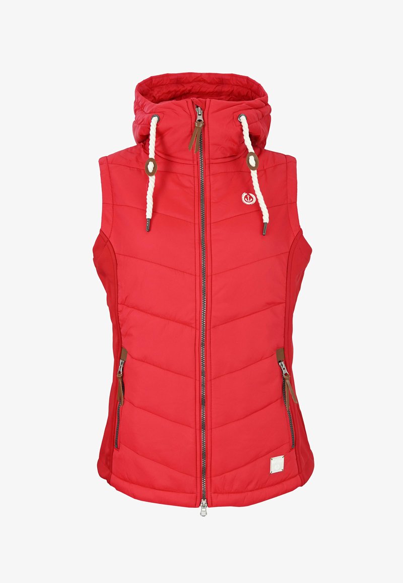 Red padded vest with a hood, featuring a front zipper, two side pockets, and white drawstrings. Textured, quilted pattern with logo detail.