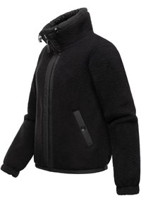 Must musta jope kõrge kaelusega, esise испытыв zippers, küljetaskud ja must äär. Pehme tekstuur ja lõtv sobivus.